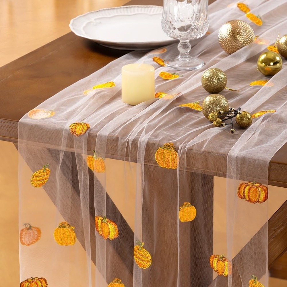 Socomi 3pcs Falll Thanksgiving Table Runner Pumpkin Leaf Tulle Gauze Cheesecloth
